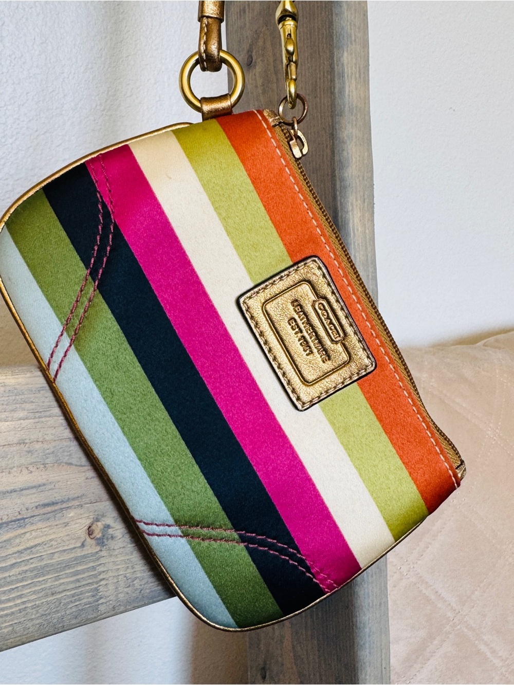 Coach Legacy Leatherware Multicolor Stripe Wristlet Gold Trim Zip Pouch Clutch